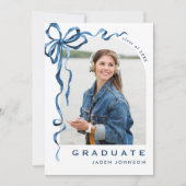 Trendy Blue Bow Ribbon 4 FOTO Graduation Party Einladung (Vorderseite)
