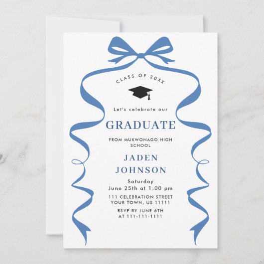 Trendy Blue Bow Ribbon 4 FOTO Graduation Party Einladung (Vorderseite)