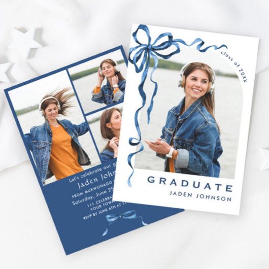 Trendy Blue Bow Ribbon 4 FOTO Graduation Party Einladung