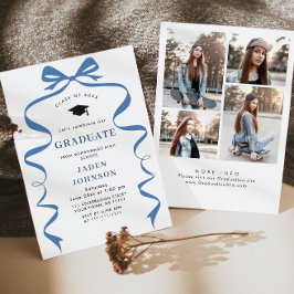 Trendy Blue Bow Ribbon 4 FOTO Graduation Party Einladung