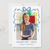 Trendy Blue Bow Ribbon 4 FOTO Graduation Party Einladung (Vorderseite)