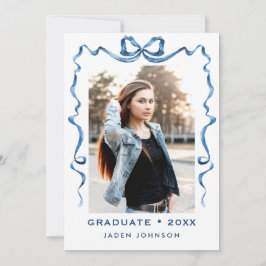 Trendy Blue Bow Ribbon 5 FOTO Graduation Party Einladung