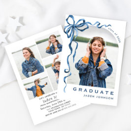 Trendy Blue Bow Ribbon 5 FOTO Graduation Party Einladung