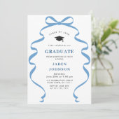 Trendy Blue Bow Ribbon FOTO Graduation Party Einladung (Stehend Vorderseite)
