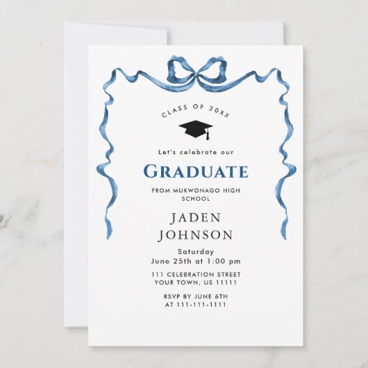 Trendy Blue Bow Ribbon FOTO Graduation Party Einladung (Vorderseite)