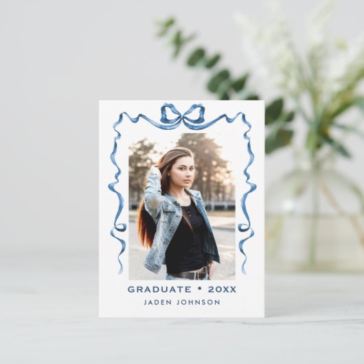Trendy Blue Bow Ribbon FOTO Graduation Party Postkarte (Stehend Vorderseite)