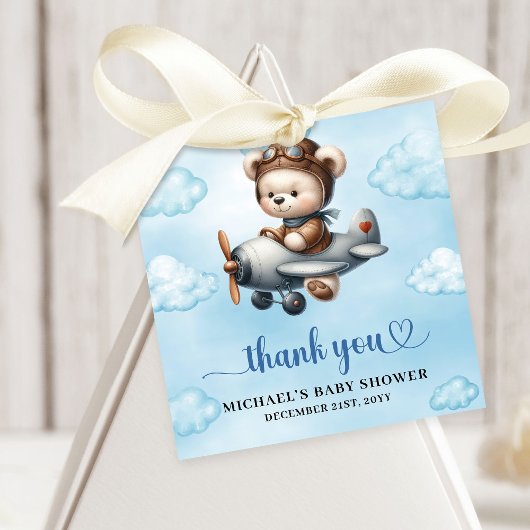 Trendy Blue Brown Teddy Bear Aviator Baby Shower Geschenkanhänger