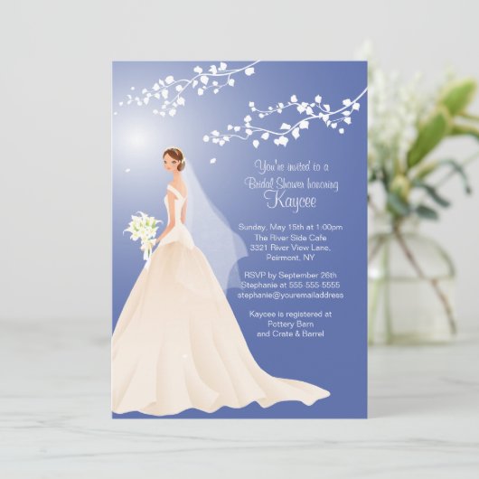 Trendy Blue BRÜNETT Bridge Brautparty Einladung (Stehend Vorderseite)