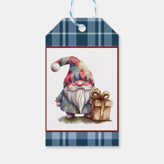 Trendy Blue Buffalo Kariert Watercolor Gnome Holid Geschenkanhänger (Vorderseite)