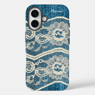 Trendy Blue Denim & White Lace iPhone 16 Hülle