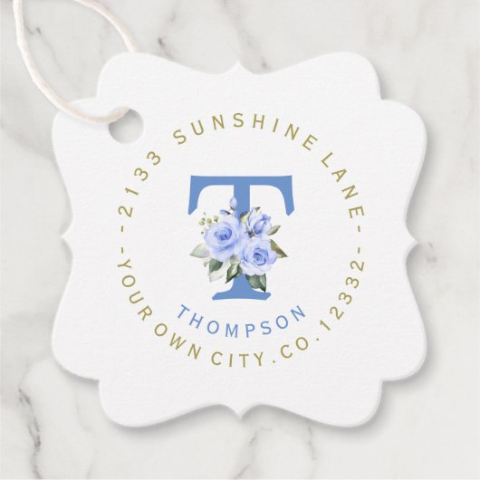 Trendy Blue Floral Circle Address Label (Vorderseite)