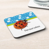 Trendy Blue Floral Ladybug mit Namen Untersetzer (Linke Seite)