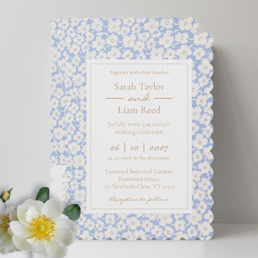 Trendy Blue Floral Wedding RSVP QR & Einladung