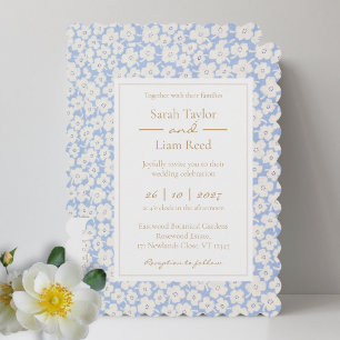 Trendy Blue Floral Wedding RSVP QR & Einladung