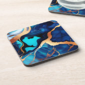 Trendy Blue Gelb Gold Imitate Marmor Getränkeuntersetzer (Linke Seite)