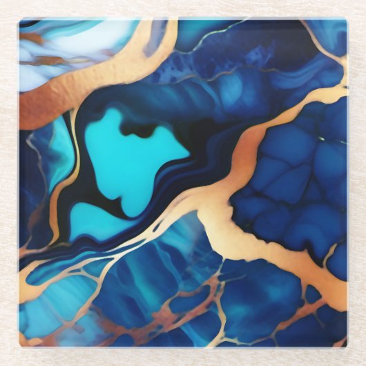 Trendy Blue Gelb Gold Imitate Marmor Glasuntersetzer (Vorderseite)