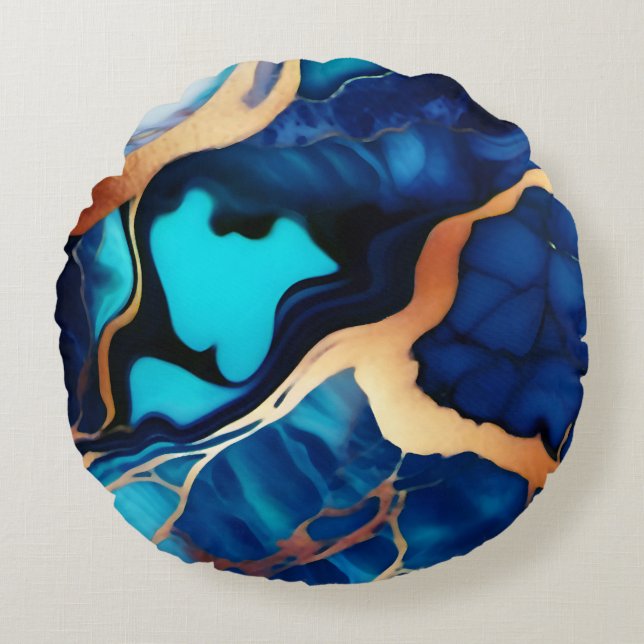 Trendy Blue Gelb Gold Imitate Marmor Rundes Kissen (Vorderseite)