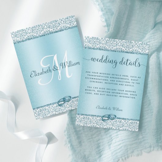 Trendy Blue Glitzer Damask Wedding Details Begleitkarte