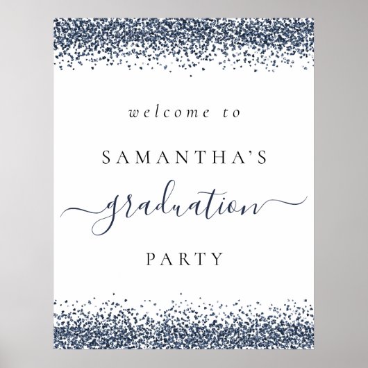 Trendy Blue Glitzer Welcome Graduation Party Poster (Vorne)