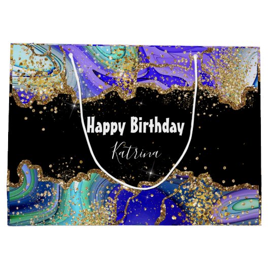 Trendy Blue Gold Agate Marbled Große Geschenktüte (Rückseite)