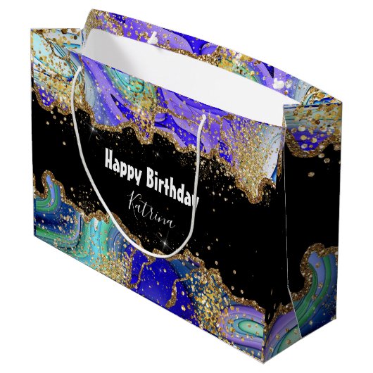 Trendy Blue Gold Agate Marbled Große Geschenktüte (Rückseite Schrägansicht)