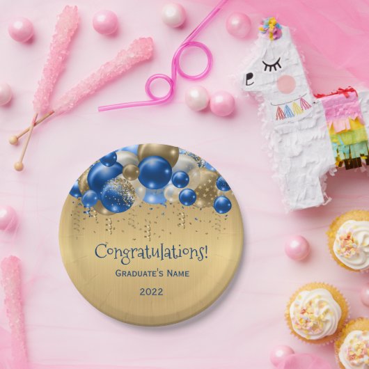 Trendy Blue Gold Balloons Abschluss Pappteller (Party)