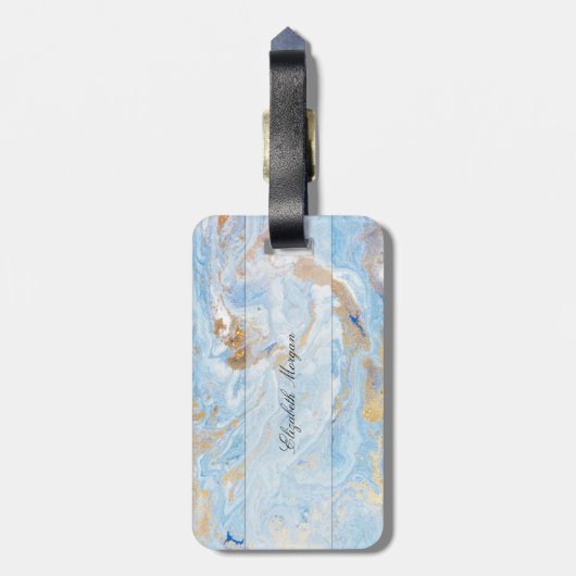 Trendy Blue Gold Stone Marmor Texture, Monogram Gepäckanhänger (Rückseite vertikal)