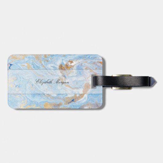 Trendy Blue Gold Stone Marmor Texture, Monogram Gepäckanhänger (Rückseite horizontal)