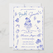Trendy Blue Hand Drawn Scribble Fun Brautparty Einladung (Vorderseite)
