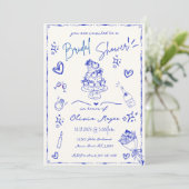 Trendy Blue Hand Drawn Scribble Fun Brautparty Einladung (Stehend Vorderseite)