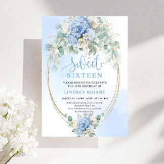 Trendy Blue Hydrangea Gold Sweet Sixteen Party Einladung