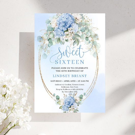 Trendy Blue Hydrangea Gold Sweet Sixteen Party  Einladung