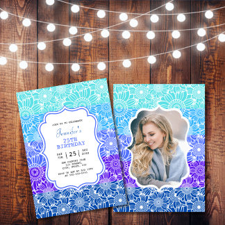 Trendy Blue Mint Stripes Blumenmuster Foto Geburts Einladung