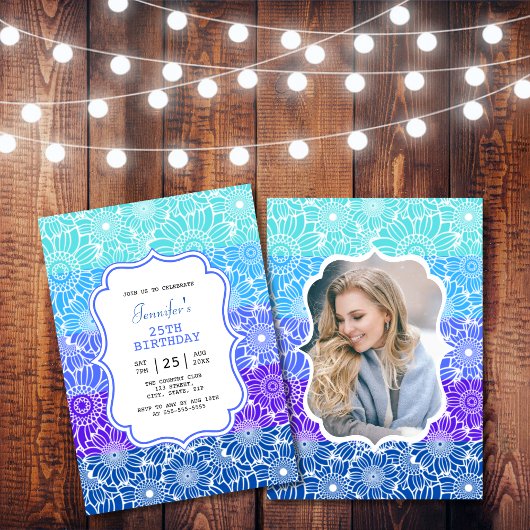 Trendy Blue Mint Stripes Blumenmuster Foto Geburts Einladung