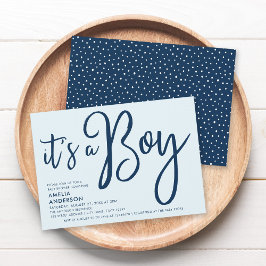 Trendy Blue Script Es ist eine Boy Baby Dusche Einladung