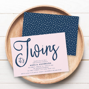 Trendy Blue Script It's Twins Girl Baby Shower Einladung