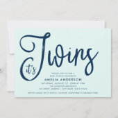 Trendy Blue Script Mint It's Twins Baby Shower Einladung (Vorderseite)
