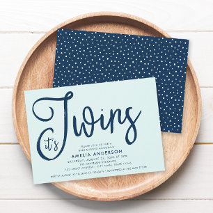Trendy Blue Script Mint It's Twins Baby Shower Einladung
