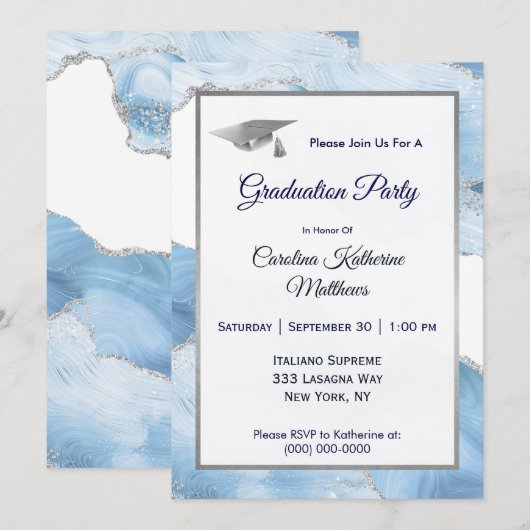 Trendy Blue Silver Agate Abschluss Einladung (Vorne/Hinten)