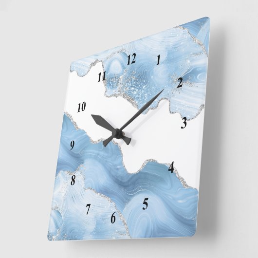 Trendy Blue Silver Agate Quadratische Wanduhr (Winkel)