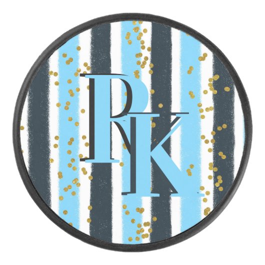 Trendy Blue Strip Gold Glitzer Double Monogram Eishockey Puck (Vorderseite)