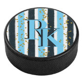 Trendy Blue Strip Gold Glitzer Double Monogram Eishockey Puck (3/4)