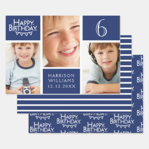 Trendy Blue Stripe Foto Collage Happy Birthday Geschenkpapier Set