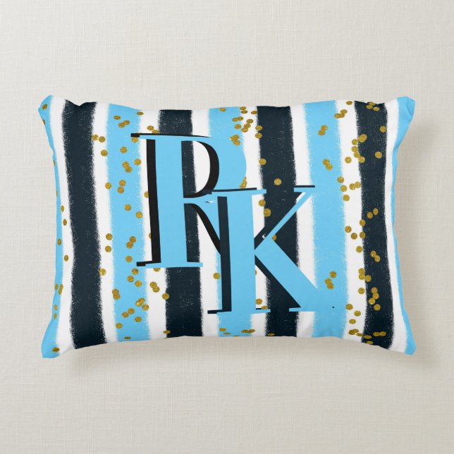Trendy Blue Stripe Gold Glitzer Monogram Glam Dekokissen (Vorderseite)