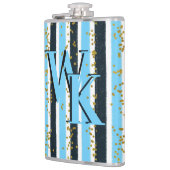 Trendy Blue Stripe Gold Glitzer Monogram Glam Flachmann (Links)
