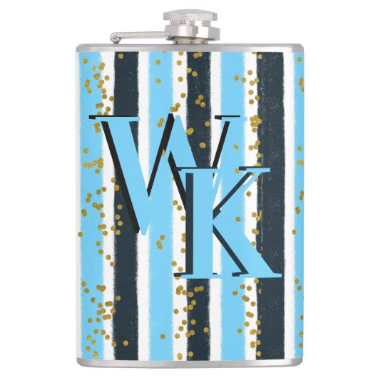 Trendy Blue Stripe Gold Glitzer Monogram Glam Flachmann (Vorderseite)
