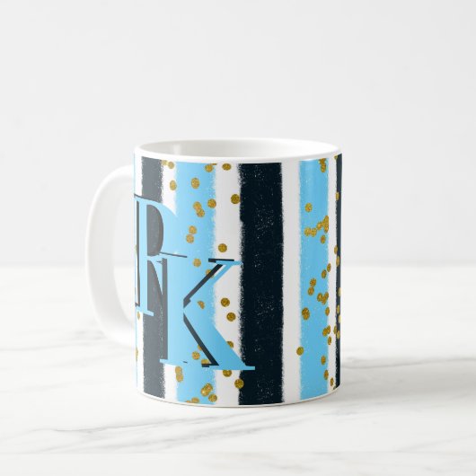 Trendy Blue Stripe Gold Glitzer Monogram Glam Kaffeetasse (Vorderseite Links)
