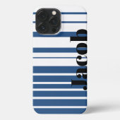 Trendy Blue Striped Custom Name iPhone Case Hülle (Rückseite)