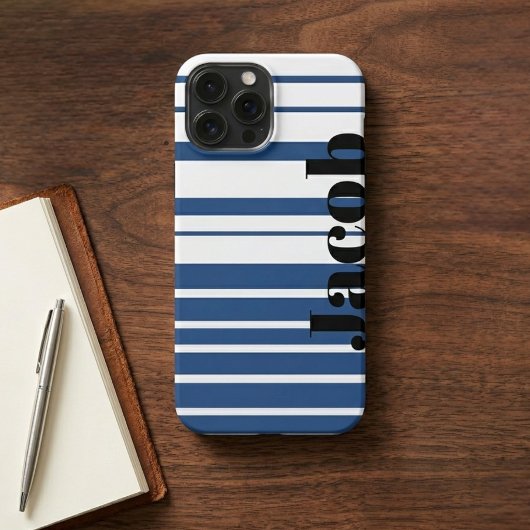 Trendy Blue Striped Custom Name iPhone Case Hülle