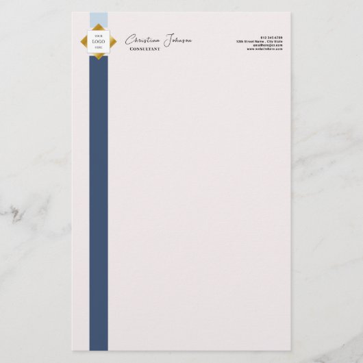 Trendy Blue Stripes Gold Logo Briefpapier (Vorderseite)